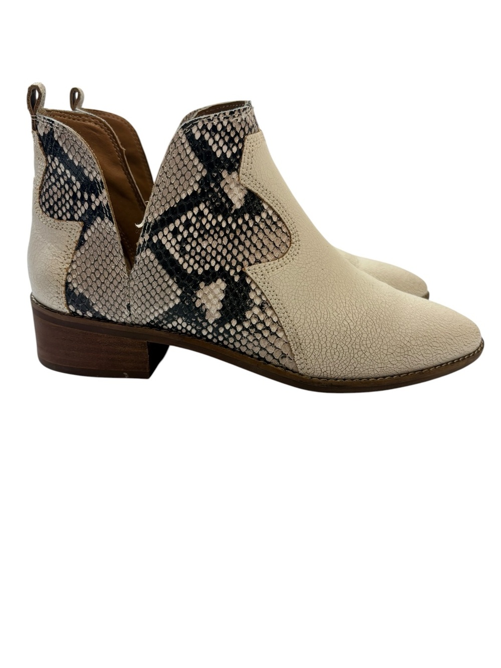 Lucky Brand Telamon Cream Crackled Leather & Snakeskin Print Ankle Booties Sz8